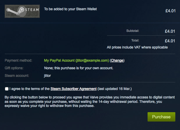 Screenshot showing the process of adding funds to a Steam Wallet